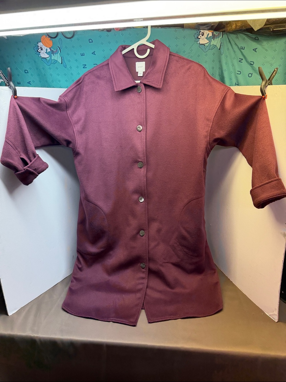 Purejill Women's Button-Front Long Shirt Jacket — Deep Plum. Size L Petite